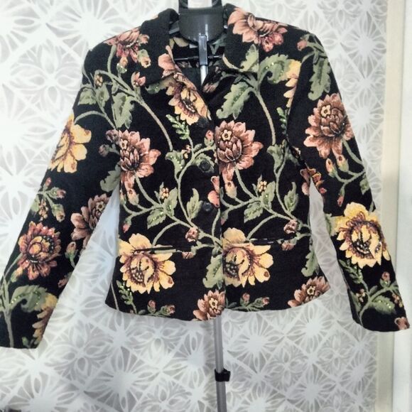 Anage Vintage Sequins / Beaded Tapestry Floral Black Jacket - Picture 1 of 12